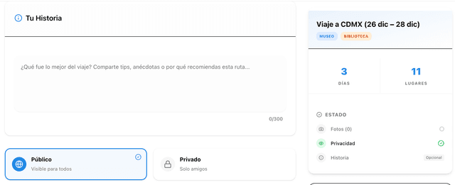 Interfaz de notas del itinerario